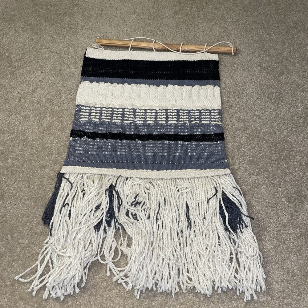 Boho Woven Wall Hanging Macrame Fringe Tapestry Gray Black Cream Wood Dowel Art